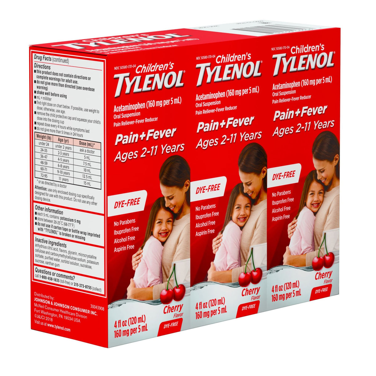 Children's Tylenol Pain + Fever Dye-Free Medicine Cherry Flavor, 3 x 4 fl. oz.