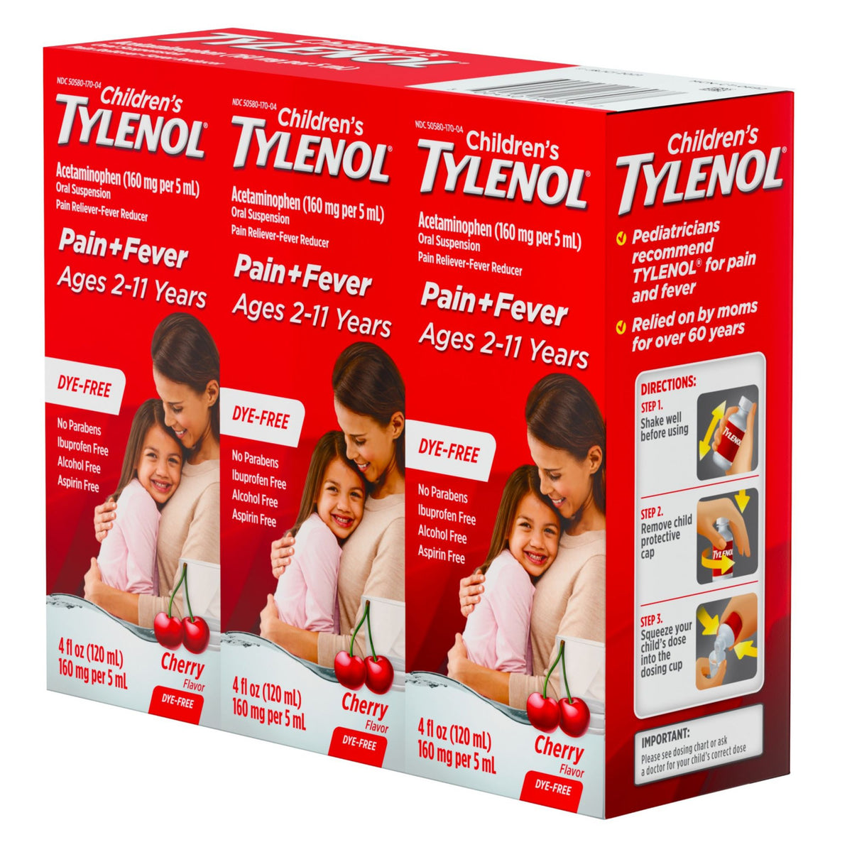 Children's Tylenol Pain + Fever Dye-Free Medicine Cherry Flavor, 3 x 4 fl. oz.