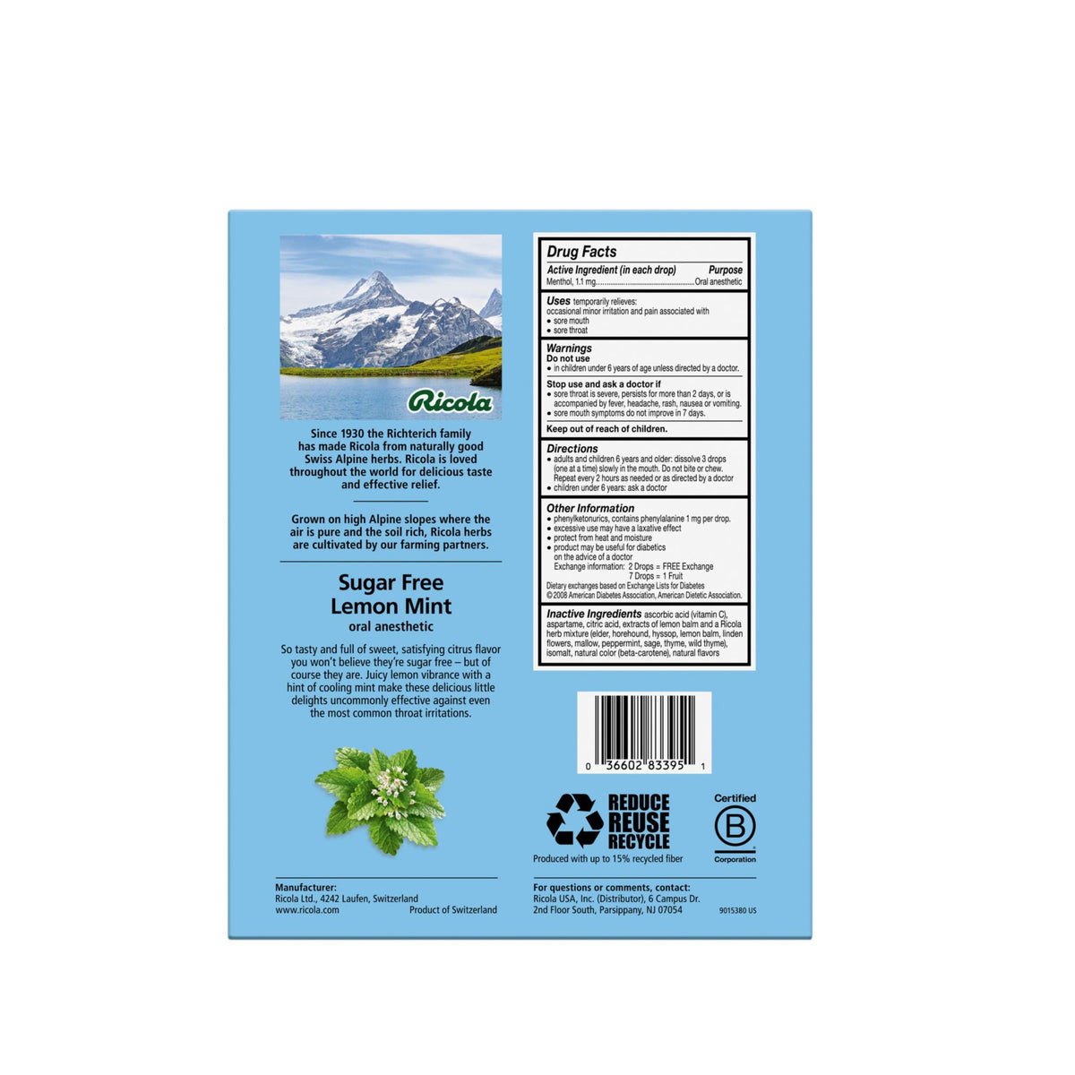 Ricola Sugar-Free Lemon Mint Herb Throat Drops, 130 ct.
