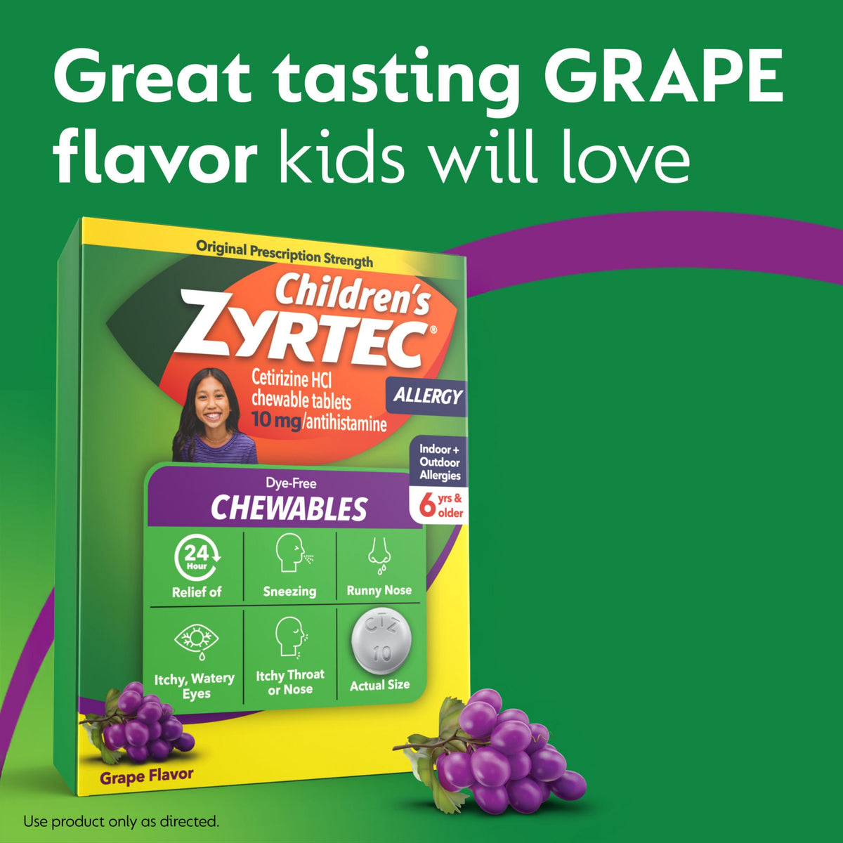 Children's Zyrtec Dye-Free Chewable Tablets, Cetirizine, Dye-Free, Grape, 72 ct.