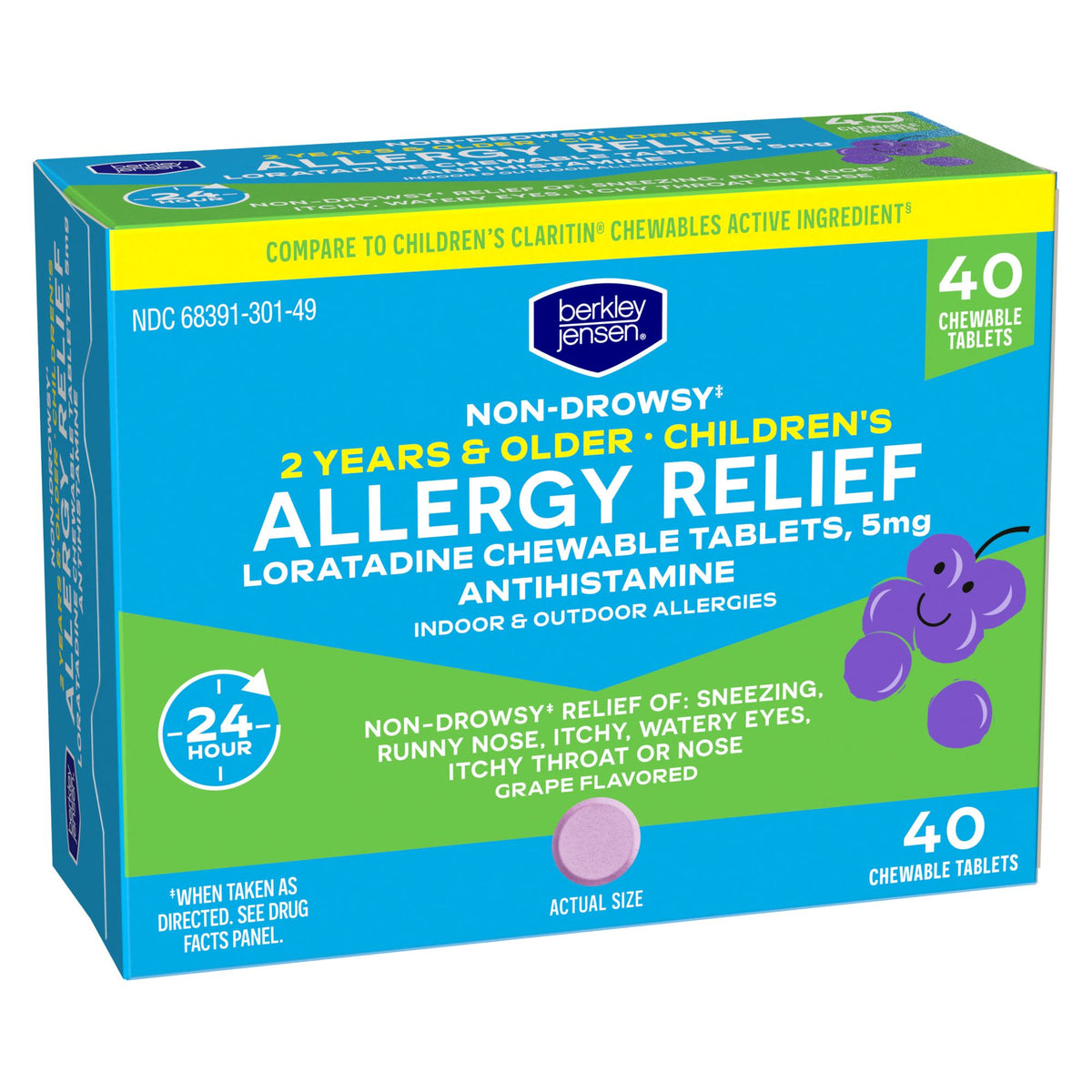 Berkley Jensen Children's Allergy Relief and Loratadine 5mg Chewable Tablets with Grape Flavor, 160 ct.