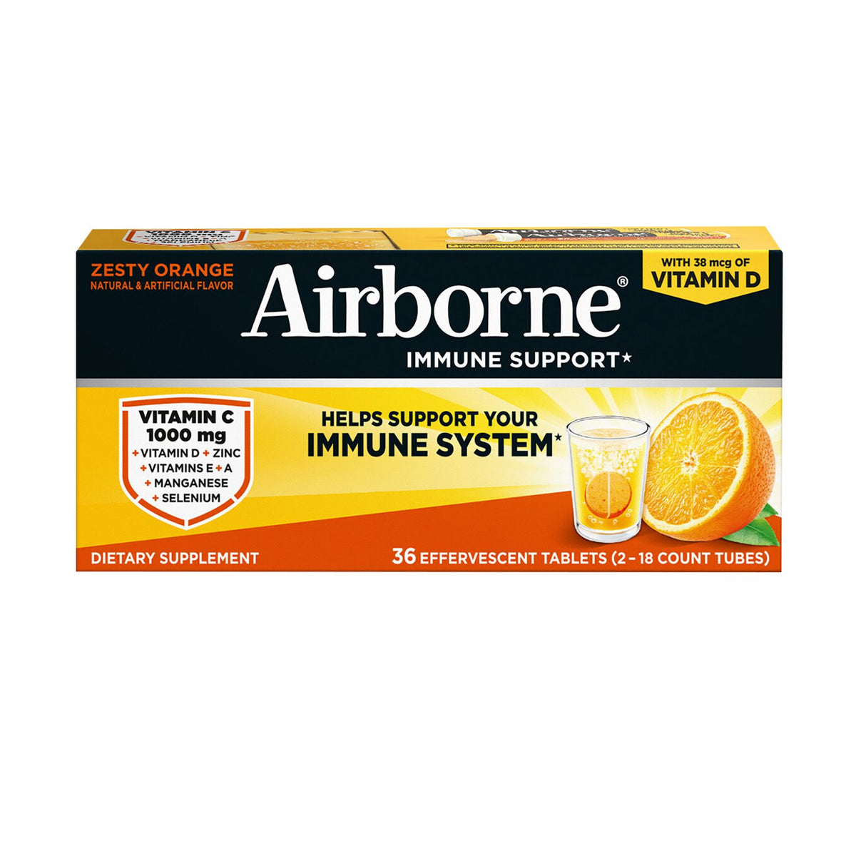 Airborne Immune Support, Vitamin C Effervescent Tablets, Orange Flavor, 36ct.