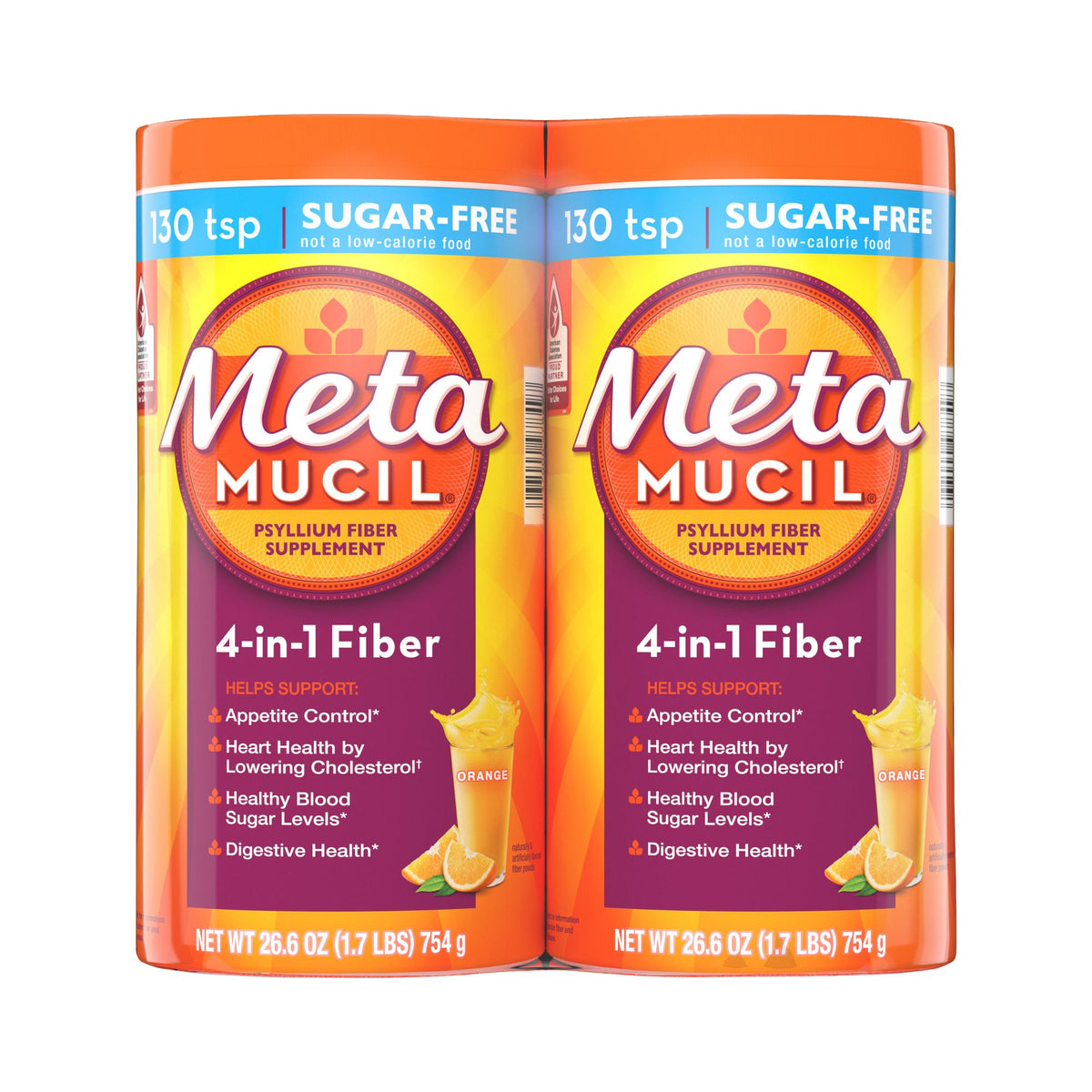 Metamucil 4-in-1 Psyllium Husk Fiber Supplement, Sugar-Free, Orange Flavored, 2 pk./26.6 oz.