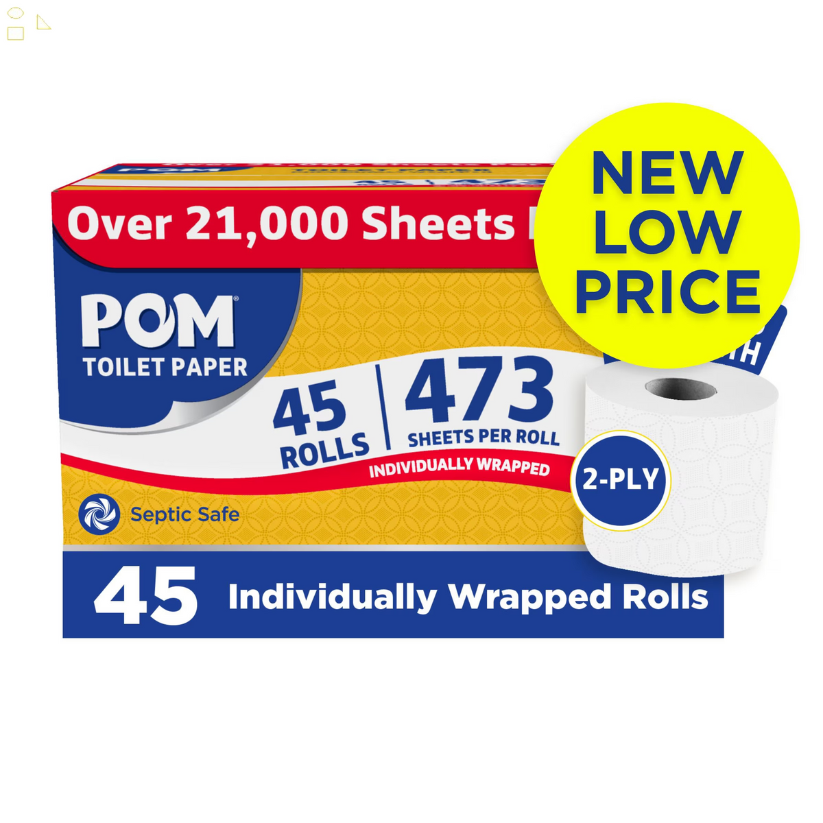 POM 2-Ply Toilet Paper 45 Rolls, 473 Sheets/Roll