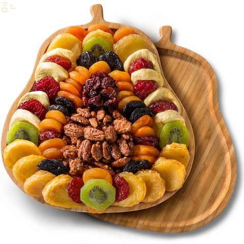 Festive Dried Fruit and Butter Toffee Pecans on Bamboo Pear Shaped Cutting Board 