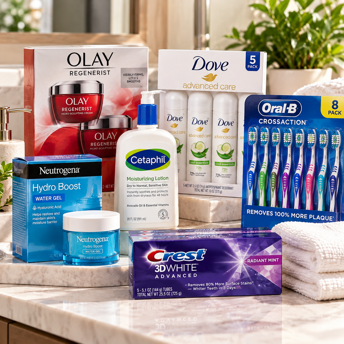 Assortment of beauty products, makeup, skin care and personal care essentials.