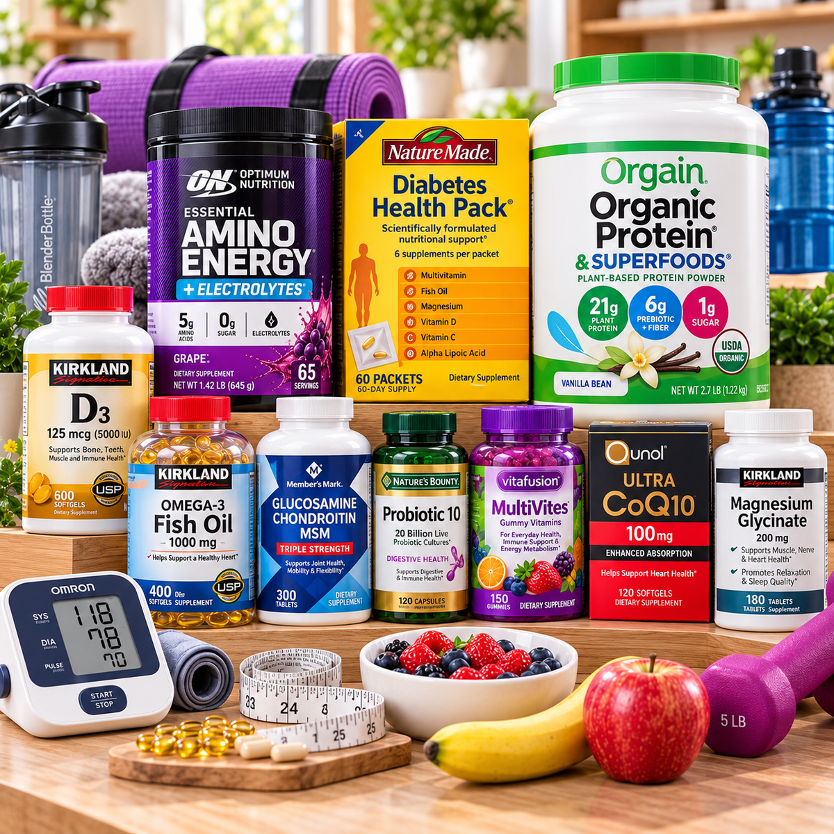 Assortment of daily health and wellness supplements, vitamins and nutritional capsules.