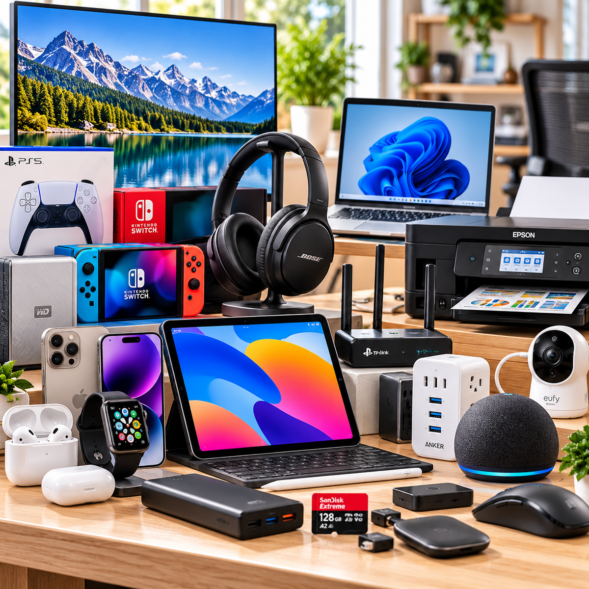 Collection of cell phone accessories, electronic gadgets and office and school supplies.