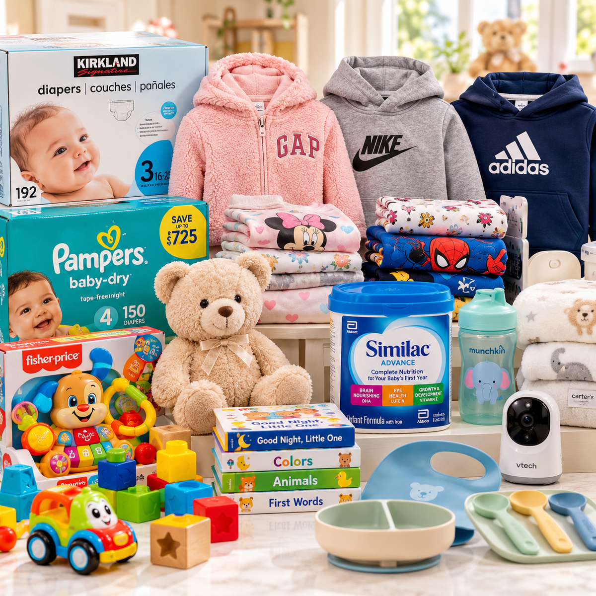Assortment of baby care items, kids clothing, shoes and accessories.