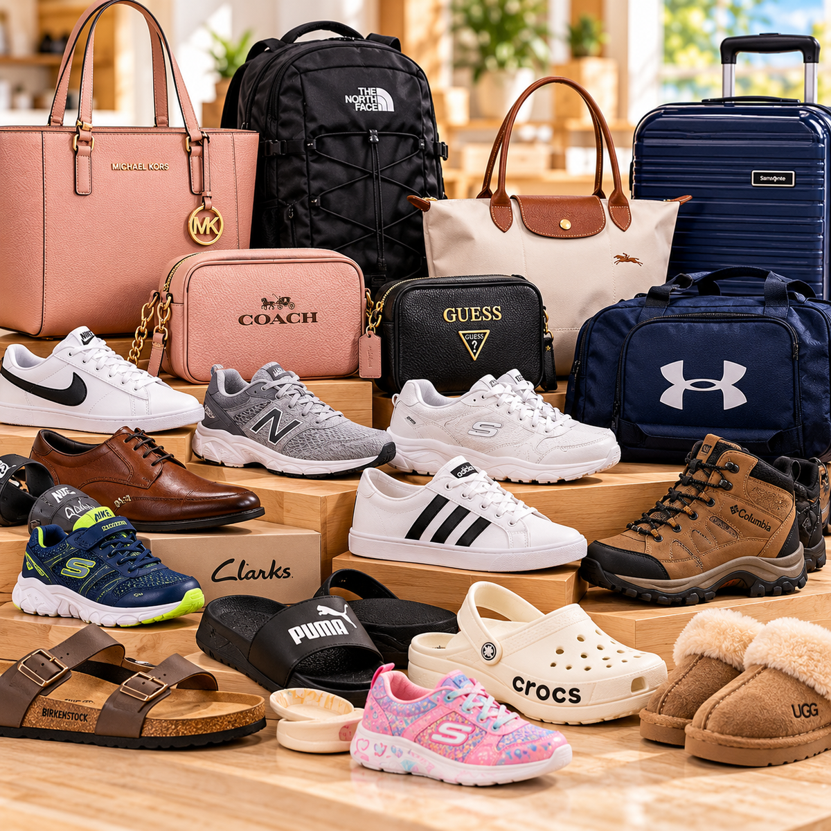 Display of shoes, casual sneakers, backpacks and wallets.