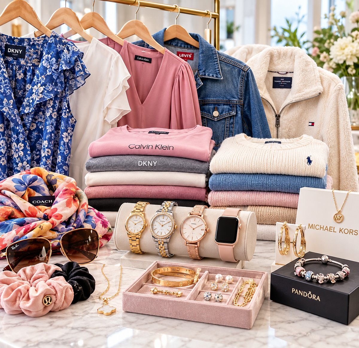 Collection of women's clothing, watches and fashion accessories.
