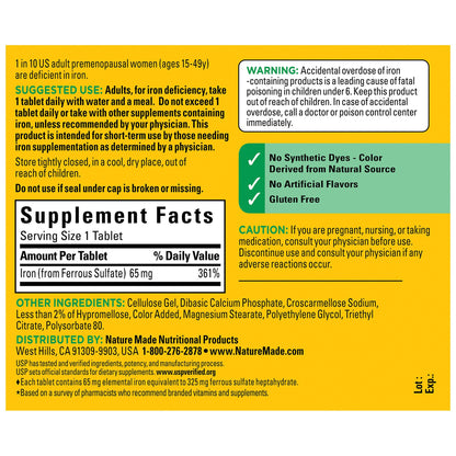 Nature Made Iron 65mg (325mg Ferrous Sulfate) Tablets, 365 ct.