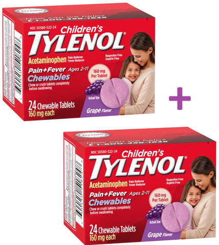 Pack of 2 Children's Tylenol Acetaminophen Ages 2-11 Pain + Fever Medicine 24 Chewable Tablets Each | Total 48 Chewable Tablets