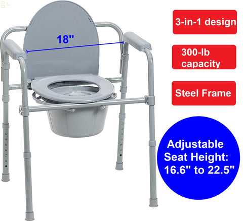 3-in-1 Portable Folding Steel Frame Commode Chair, Portable Bedside Toilet, Shower Chair, Over Toilet Chair, Supports up to 300 Lbs Weight, with 7.5 Qt. Bucket and 13.5 Inch Seat