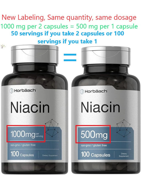 Niacin | Vitamin B3 500mg | 100 Capsules | with Flushing | Non-GMO, and Gluten Free Supplement 
