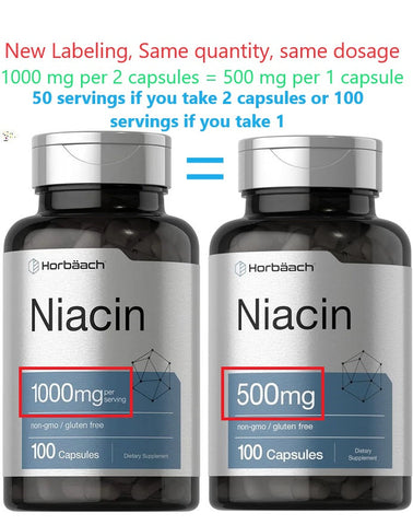 Niacin | Vitamin B3 500mg | 100 Capsules | with Flushing | Non-GMO, and Gluten Free Supplement 