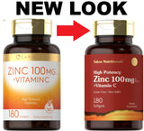 Zinc 100Mg with Vitamin C | 180 Softgels | Non-Gmo, Gluten Free Supplement