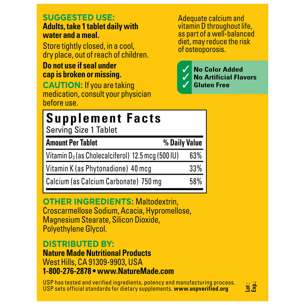Nature Made Calcium 750mg with Vitamin D3 and K, Tablets, 300 ct.