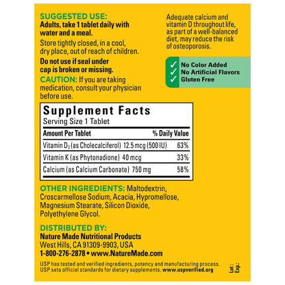 Nature Made Calcium 750mg with Vitamin D3 and K, Tablets, 300 ct.