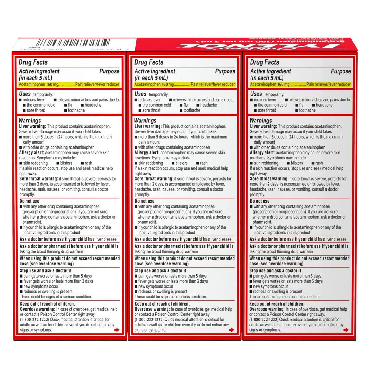 Children's Tylenol Pain + Fever Dye-Free Medicine Cherry Flavor, 3 x 4 fl. oz.