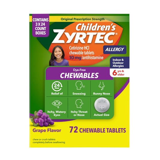 Children's Zyrtec Dye-Free Chewable Tablets, Cetirizine, Dye-Free, Grape, 72 ct.