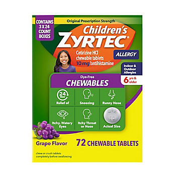 Children's Zyrtec Dye-Free Chewable Tablets, Cetirizine, Dye-Free, Grape, 72 ct.
