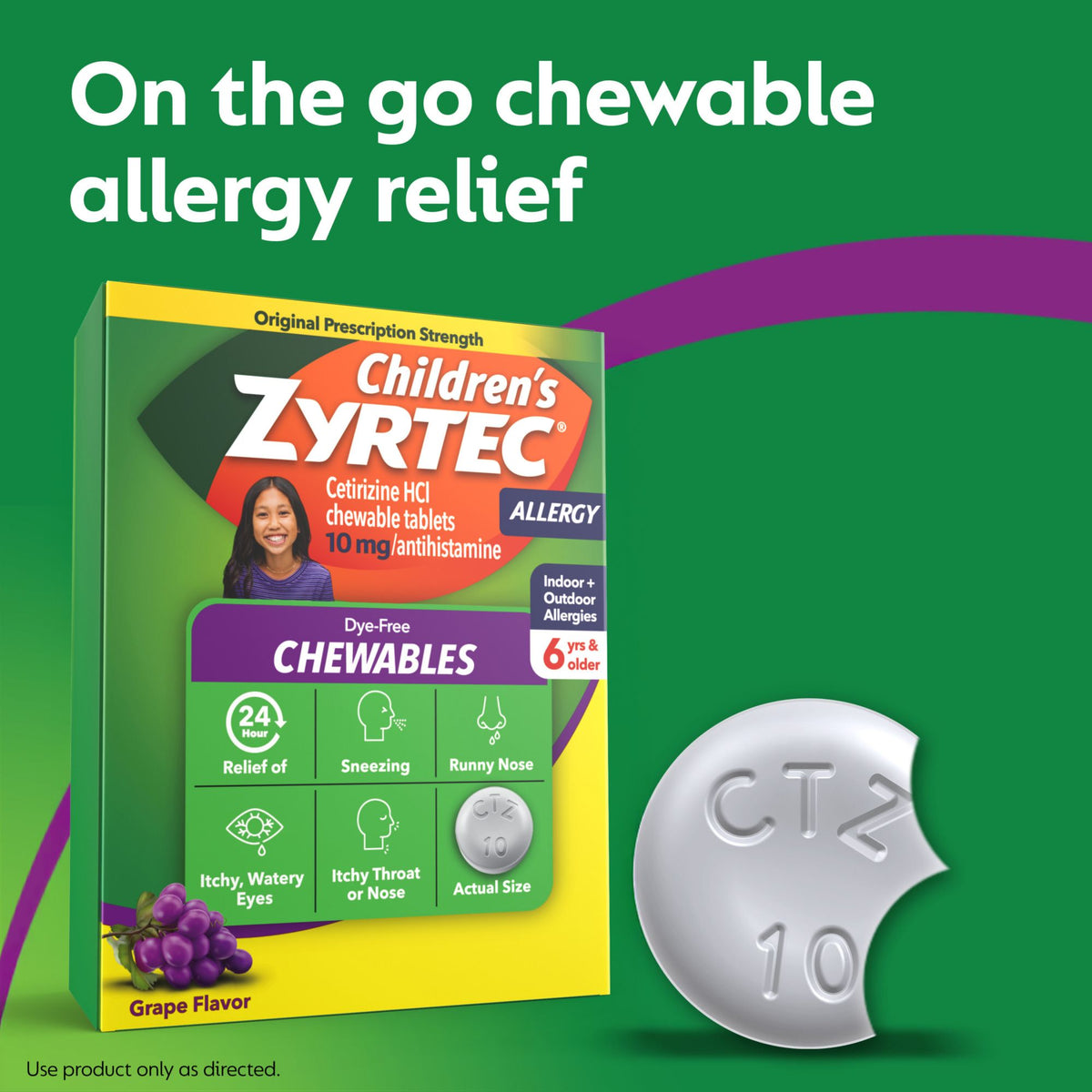 Children's Zyrtec Dye-Free Chewable Tablets, Cetirizine, Dye-Free, Grape, 72 ct.