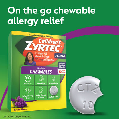 Children's Zyrtec Dye-Free Chewable Tablets, Cetirizine, Dye-Free, Grape, 72 ct.