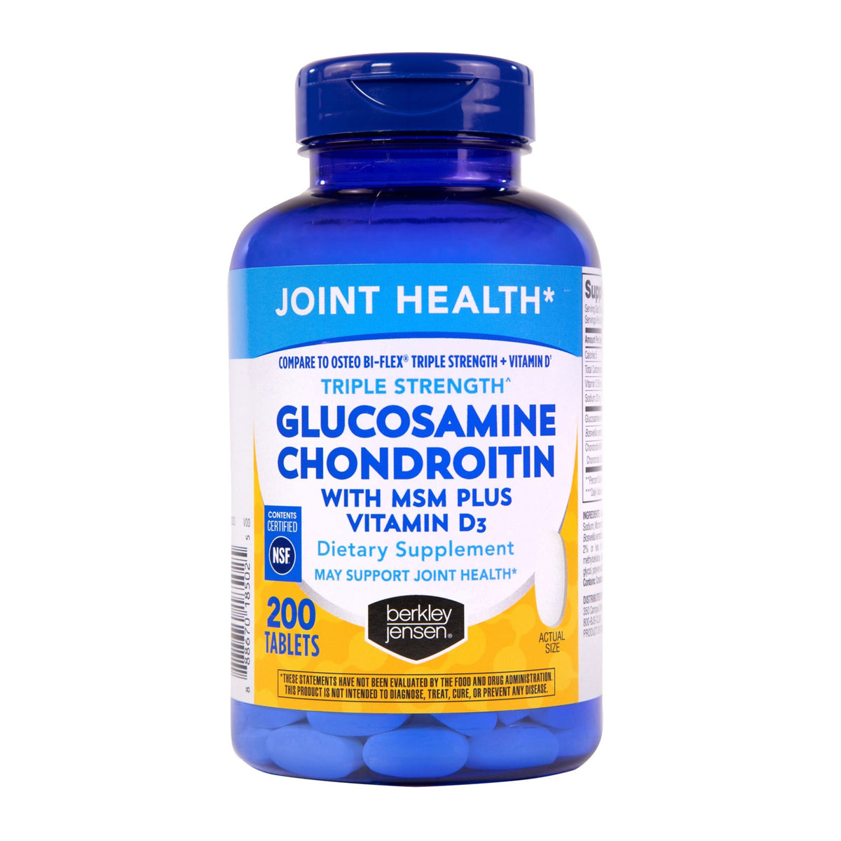 Berkley Jensen Triple Strength Glucosamine Chondroitin with MSM + Vitamin D3 Supplement Tablets, 200 ct.