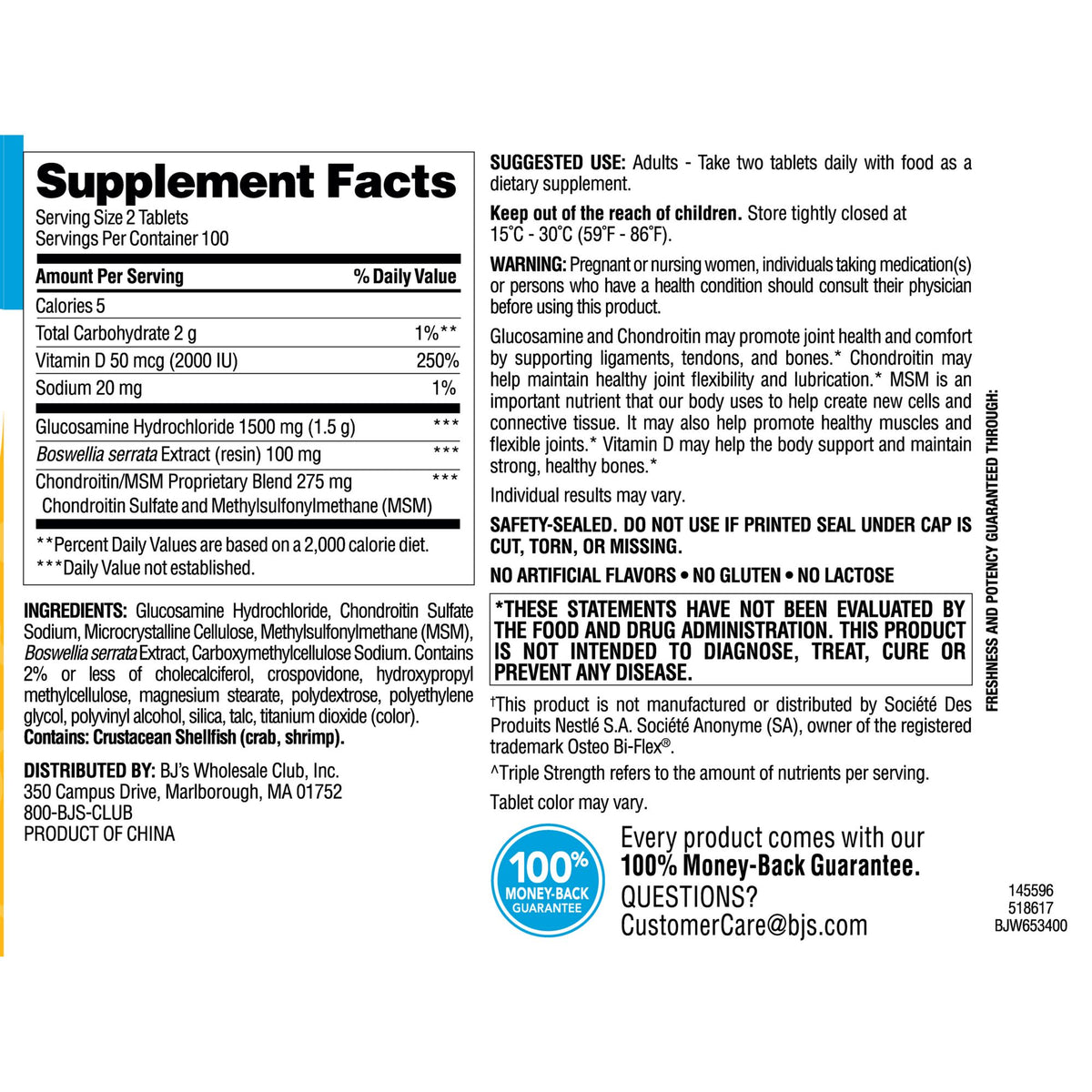 Berkley Jensen Triple Strength Glucosamine Chondroitin with MSM + Vitamin D3 Supplement Tablets, 200 ct.