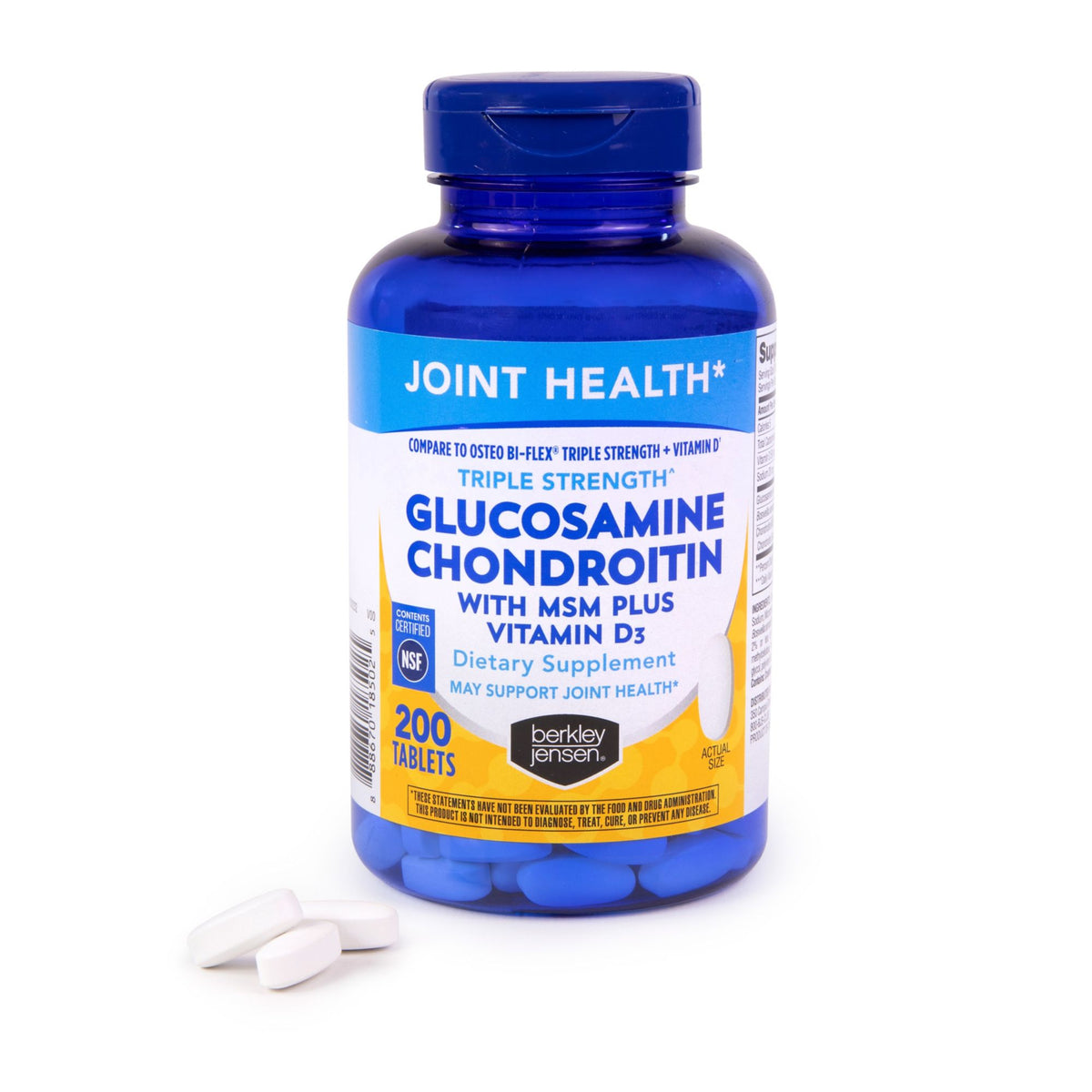 Berkley Jensen Triple Strength Glucosamine Chondroitin with MSM + Vitamin D3 Supplement Tablets, 200 ct.