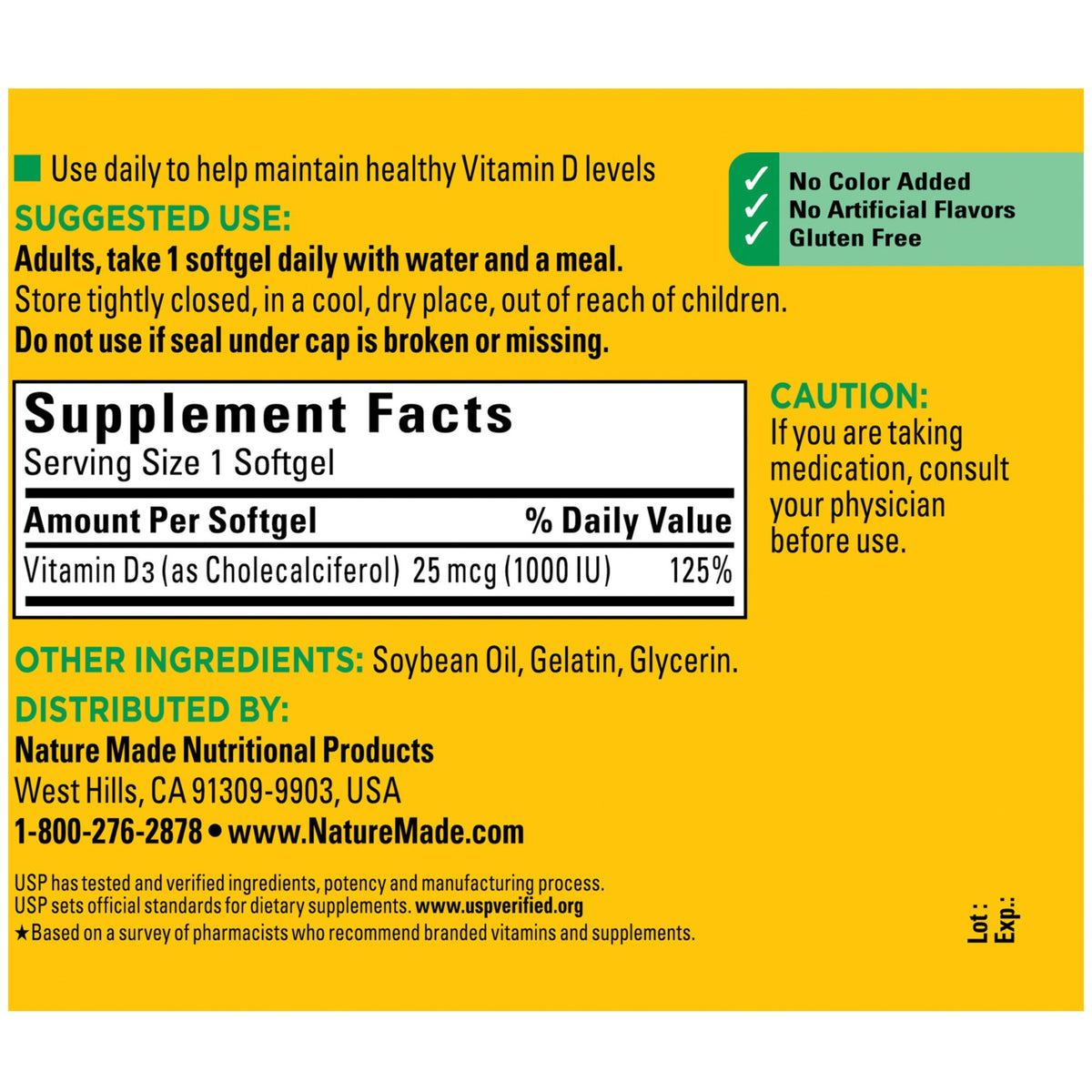 Nature Made Vitamin D3 1000 IU (25 mcg) Softgels, 600 ct.