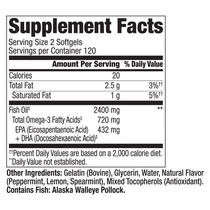 Berkley Jensen 2400mg Fish Oil Softgels, 240 ct.