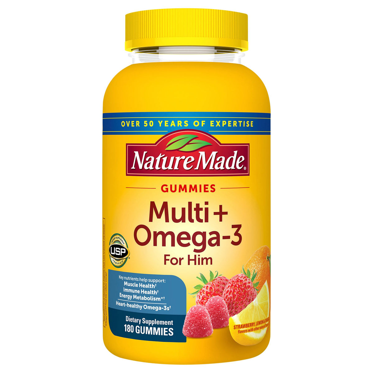 Nature Made Men's Multivitamin + Omega-3 Gummies, Strawberry, Lemon & Orange, 180 ct.