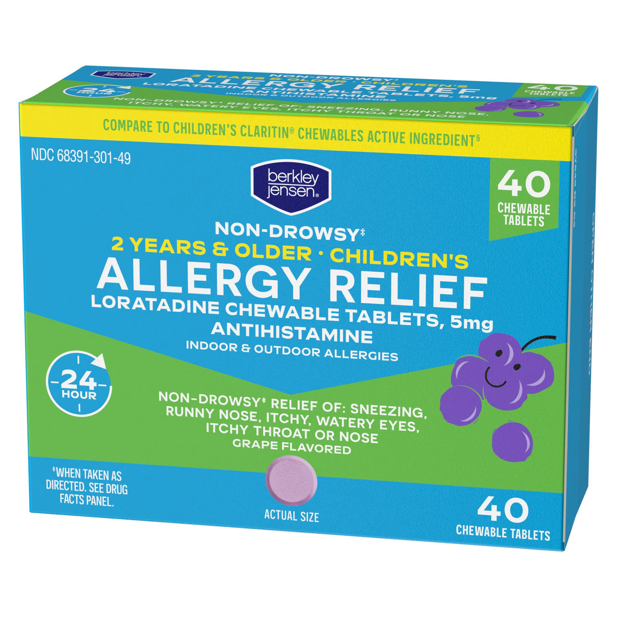 Berkley Jensen Children's Allergy Relief and Loratadine 5mg Chewable Tablets with Grape Flavor, 160 ct.