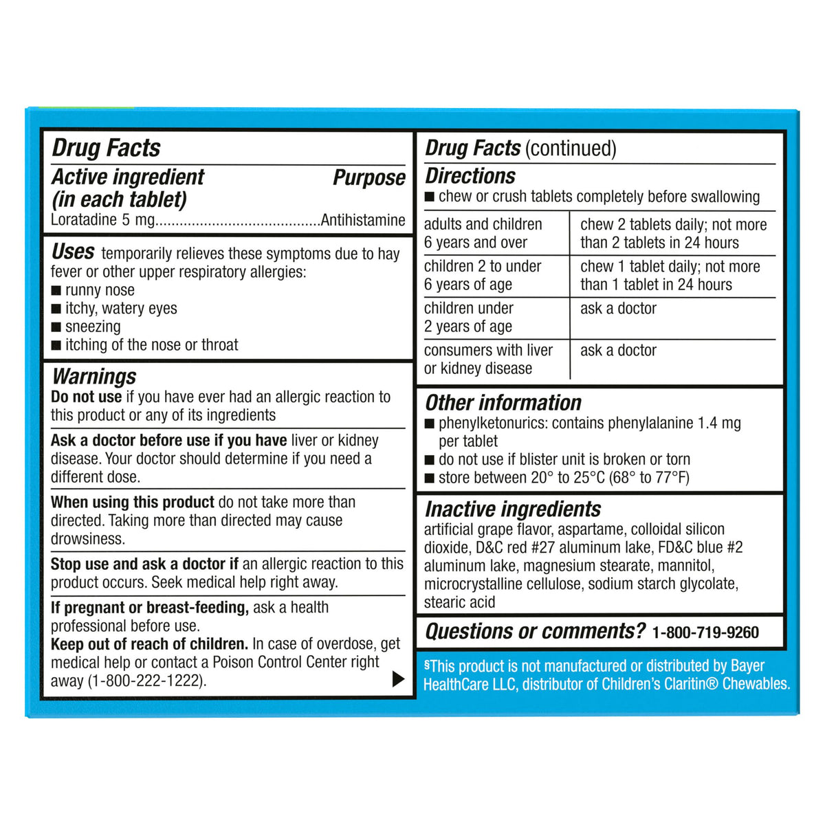 Berkley Jensen Children's Allergy Relief and Loratadine 5mg Chewable Tablets with Grape Flavor, 160 ct.