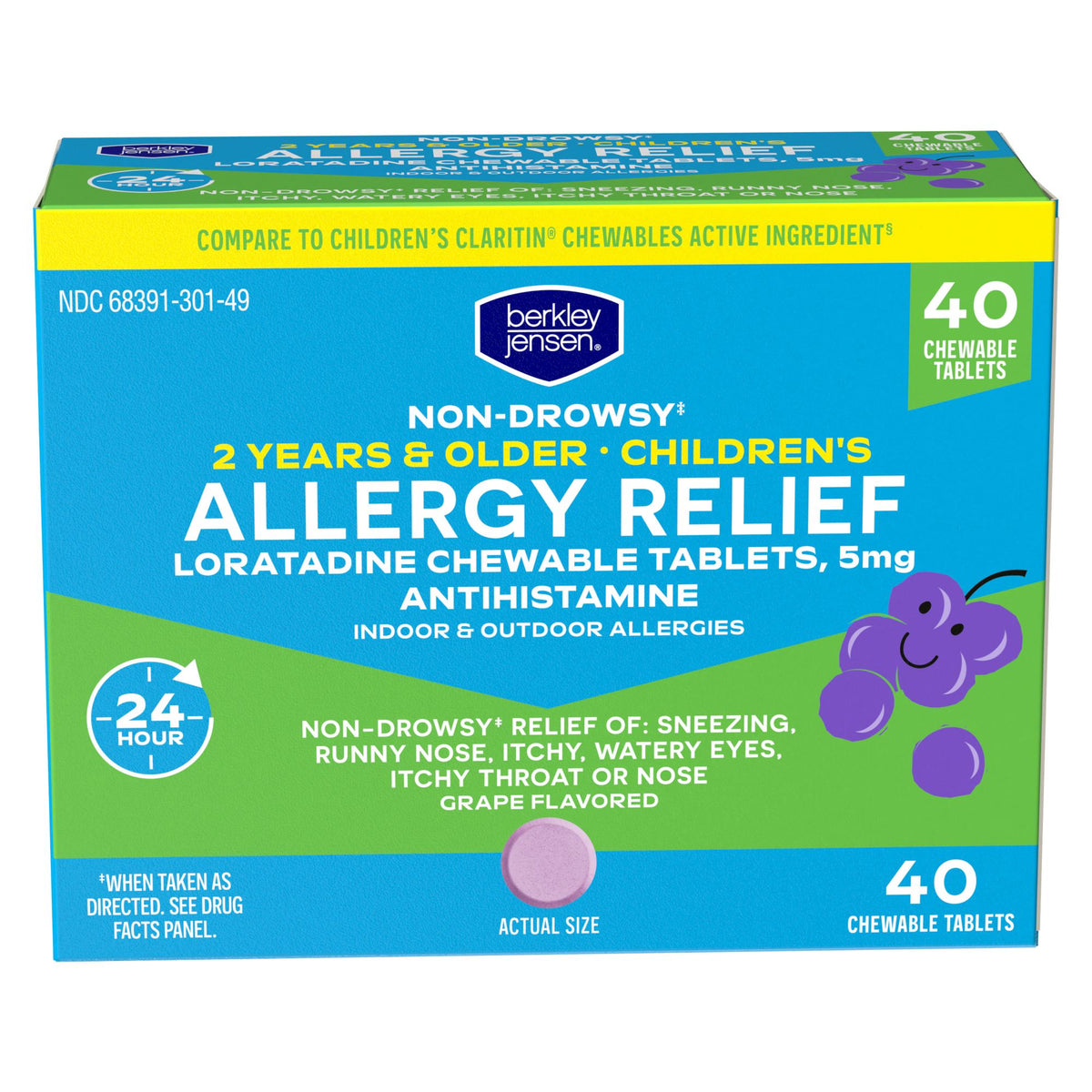 Berkley Jensen Children's Allergy Relief and Loratadine 5mg Chewable Tablets with Grape Flavor, 160 ct.