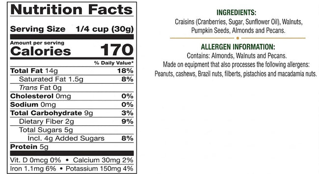 Omega-3 Mixed Nuts and Dried Fruit Trail Mix Premium Healthy Snack Blend Featuring Craisins, Natural Walnuts, Almonds, Pumpkin Seeds and Pecans