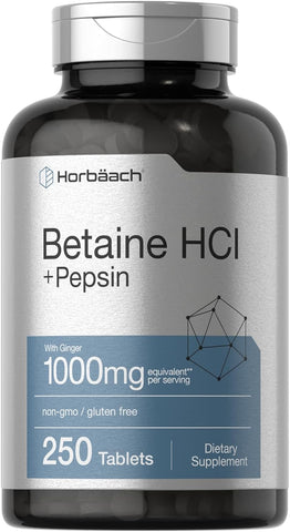 Betaine HCl with Pepsin | 1000mg | 250 Tablets | with Ginger Root | Hydrochloride Supplement | Gluten Free