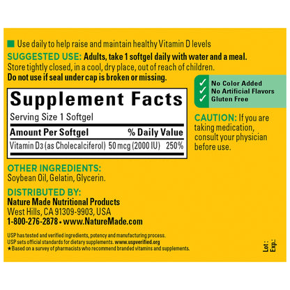 Nature Made Vitamin D3 2000 IU (50mcg) Softgels, 320 ct.