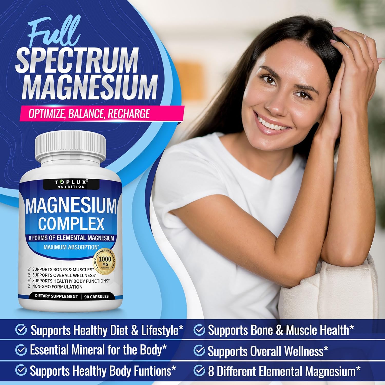 Toplux Magnesium Complex Supplement 8 Elemental 1000mg 90 Capsules
