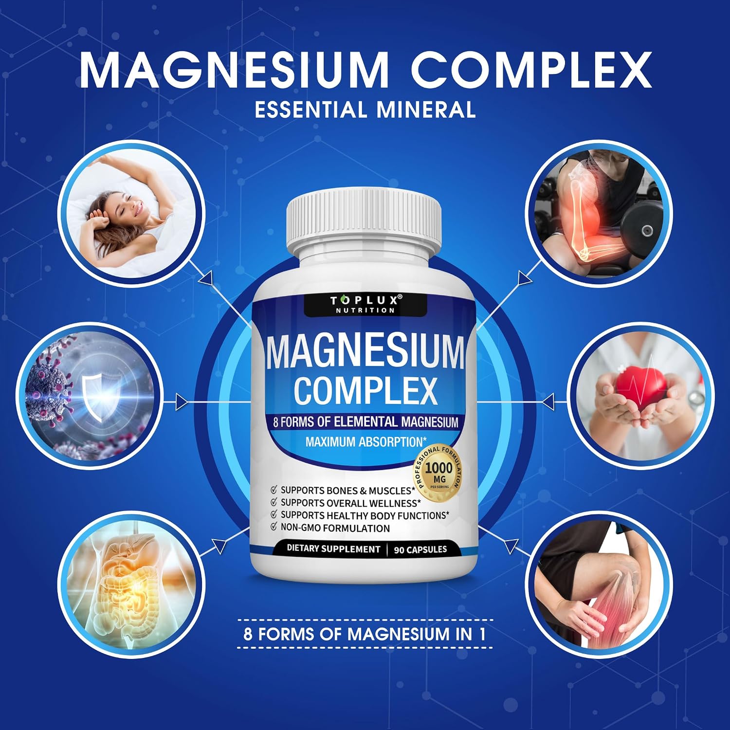 Toplux Magnesium Complex Supplement 8 Elemental 1000mg 90 Capsules