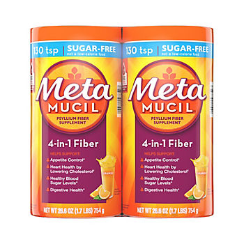 Metamucil 4-in-1 Psyllium Husk Fiber Supplement, Sugar-Free, Orange Flavored, 2 pk./26.6 oz.