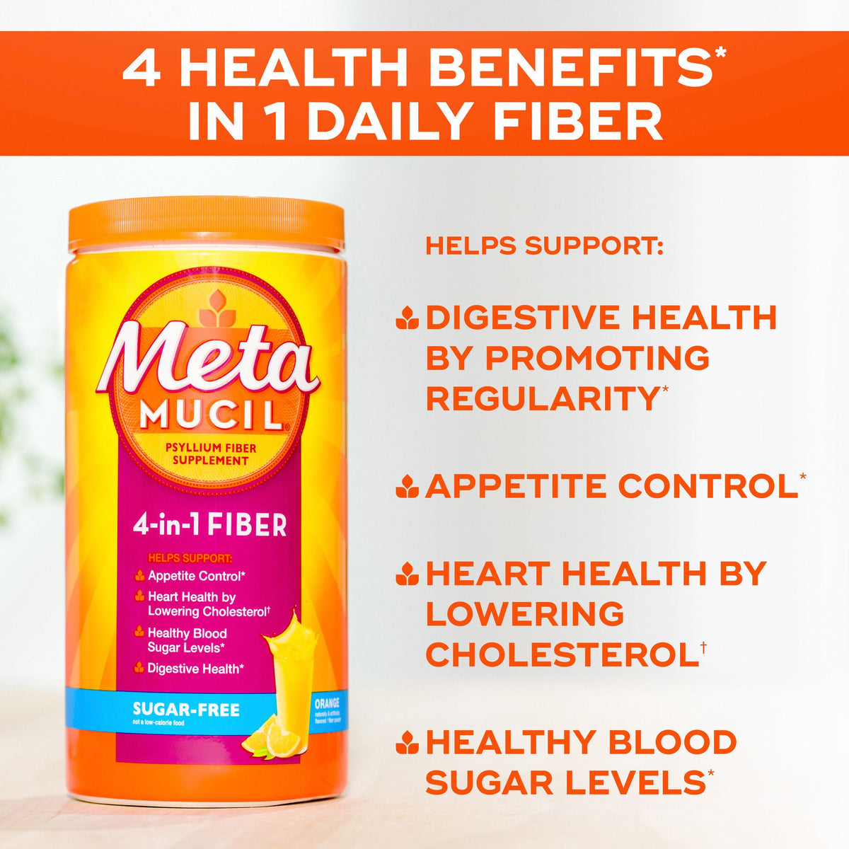 Metamucil 4-in-1 Psyllium Husk Fiber Supplement, Sugar-Free, Orange Flavored, 2 pk./26.6 oz.