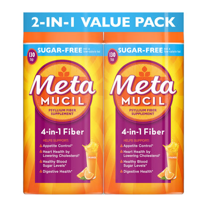 Metamucil 4-in-1 Psyllium Husk Fiber Supplement, Sugar-Free, Orange Flavored, 2 pk./26.6 oz.