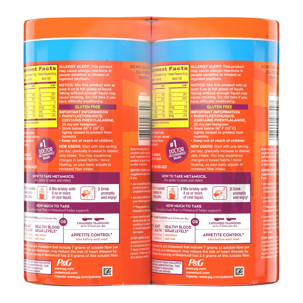 Metamucil 4-in-1 Psyllium Husk Fiber Supplement, Sugar-Free, Orange Flavored, 2 pk./26.6 oz.