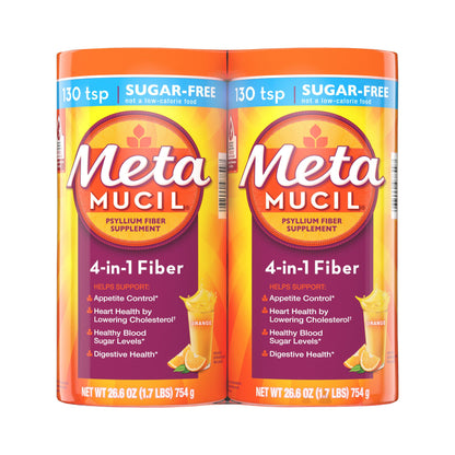 Metamucil 4-in-1 Psyllium Husk Fiber Supplement, Sugar-Free, Orange Flavored, 2 pk./26.6 oz.