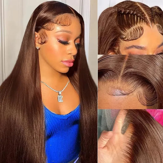 13x4 Chocolate Brown Straight Hd Lace Wigs Brazilian Human Hair 13x6 Hd Lace Frontal Wig Pre Plucked Brown Colored Wigs HD Chocolate Brown Bone Straight Human Hair Wig 30 38 Inch