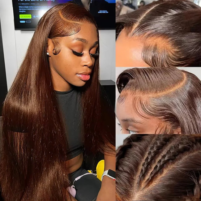 13x4 Chocolate Brown Straight Hd Lace Wigs Brazilian Human Hair 13x6 Hd Lace Frontal Wig Pre Plucked Brown Colored Wigs HD Chocolate Brown Bone Straight Human Hair Wig 30 38 Inch