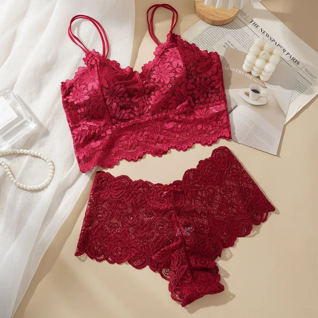 Women's Sexy Lace Bra Suit Solid Set Beautiful Back Hollow Out No Steel Ring Underwear With Lace Flower Breathable Panties
